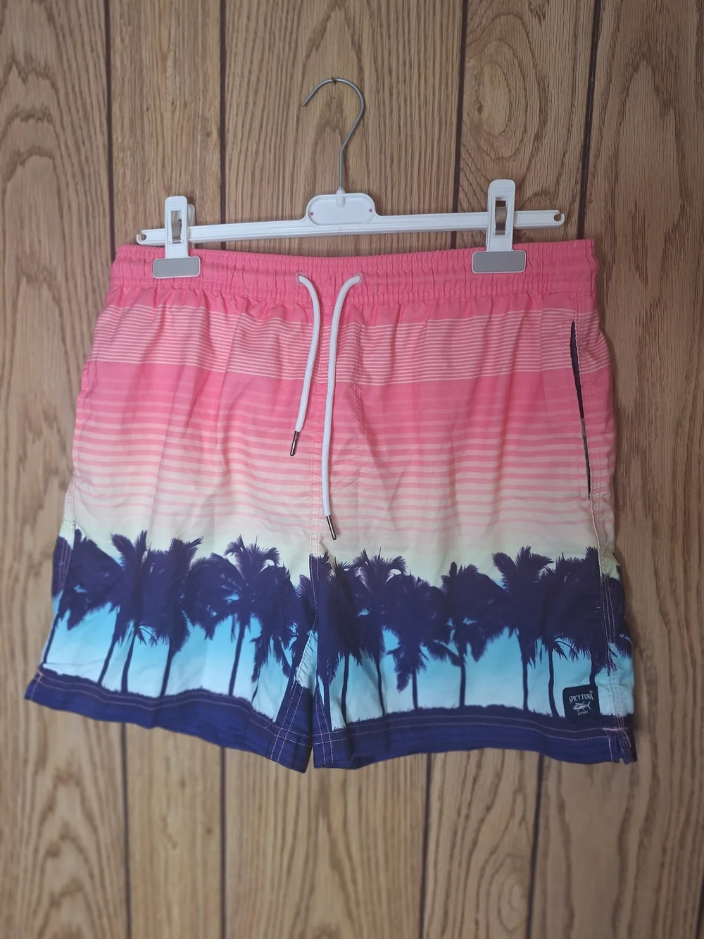 Men's Gradient Pink to Blue Palm-Print Swim Trunks Size Large